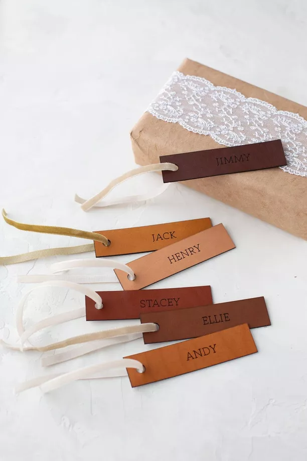 leather wedding place card tags