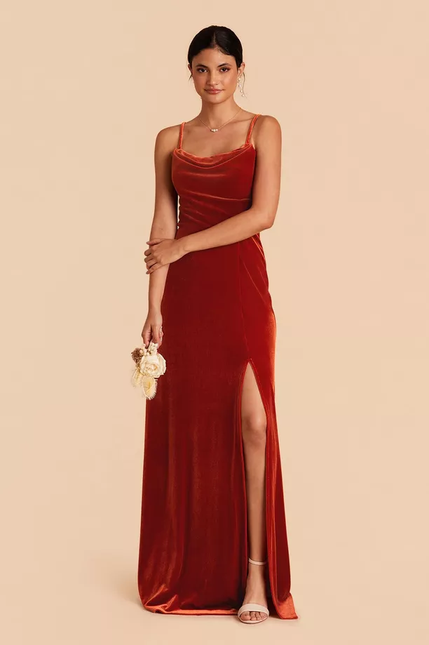 burnt orange velvet bridesmaid dress