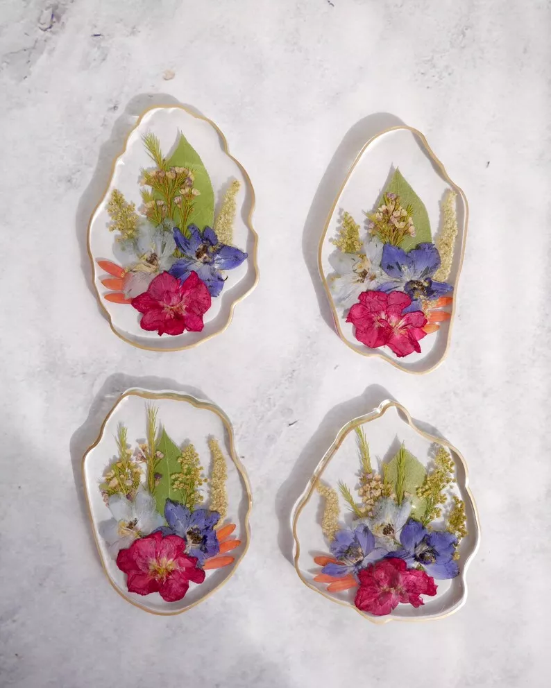 wedding flowers preserved in custom resin coasters
