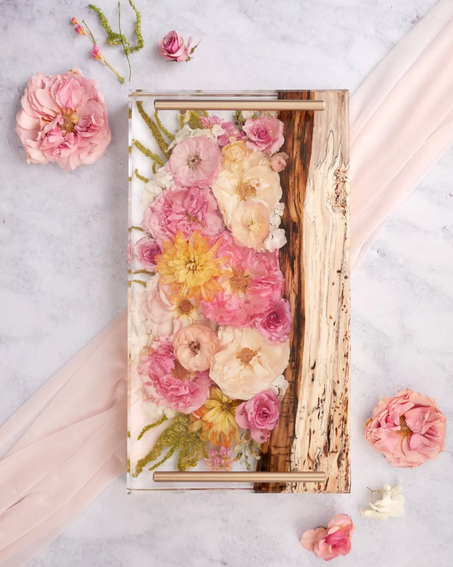 wedding flowers preserved in resin and wood tray with gold handles