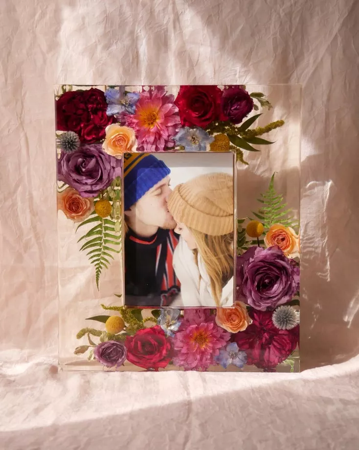 wedding flowers preserved inside a custom photo frame