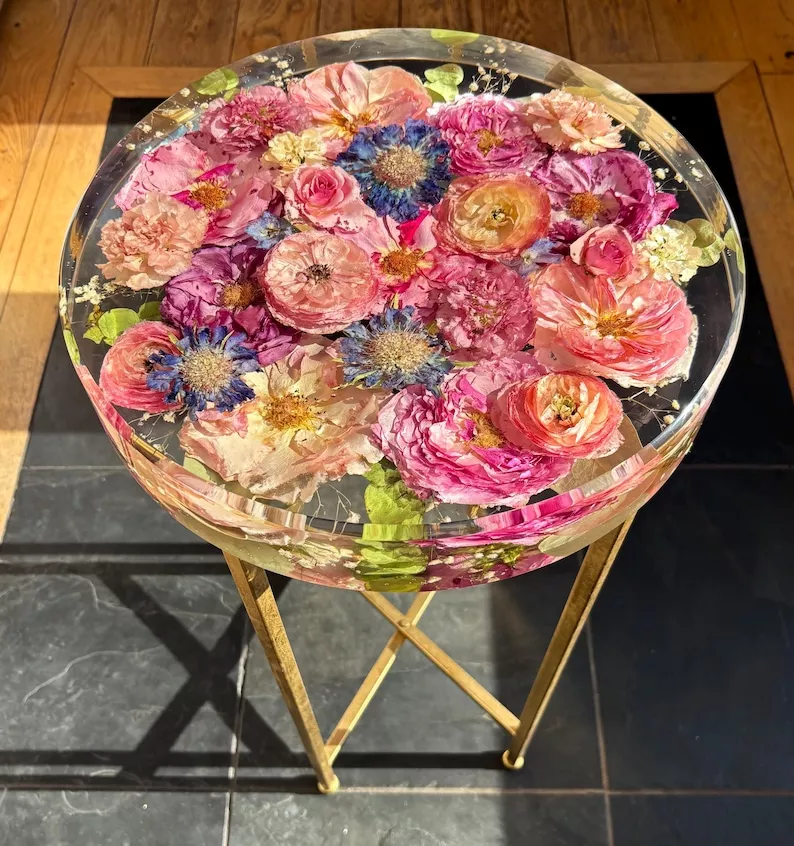 wedding flowers preserved in a custom resin table