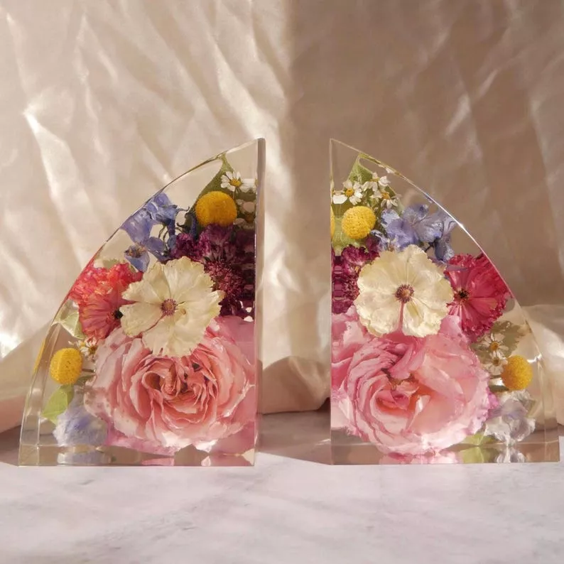 wedding flowers preserved in custom resin bookends