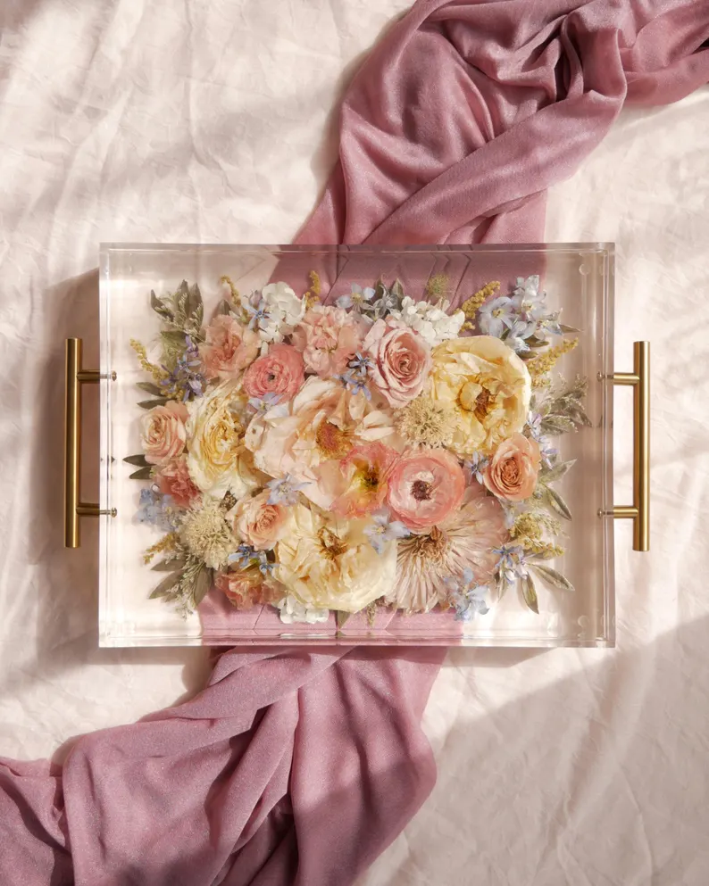 wedding flowers preserved in a custom resin tray
