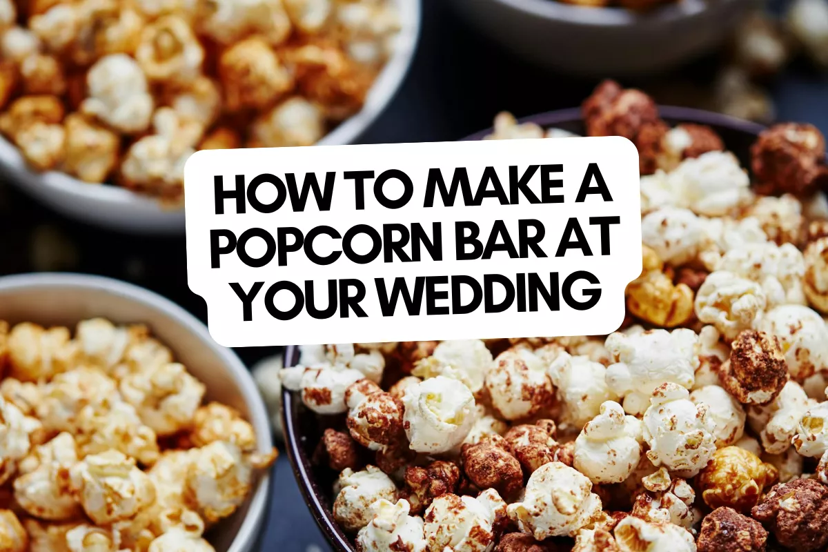 wedding popcorn bar with popcorn flavors, toppings, and bags