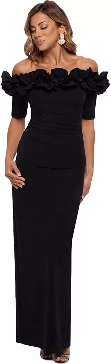 elegant formal wedding guest dress on amazon in black with off-the-shoulder neckline