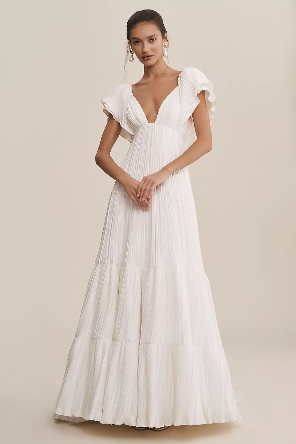 BHLDN Valerie pleated satin wedding gown with flutter sleeves