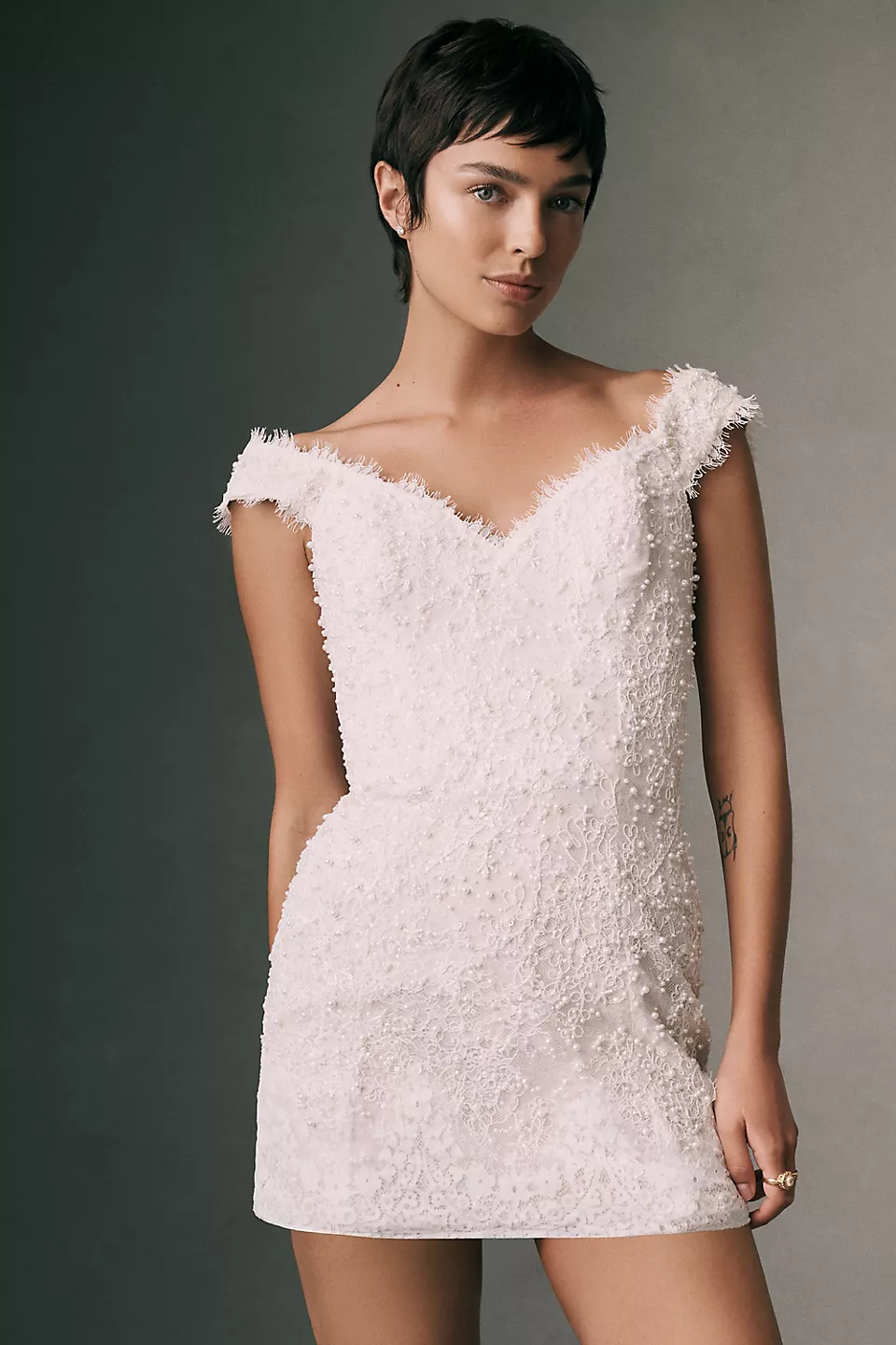 Helsi Kylie off-shoulder sequined lace bridal mini dress