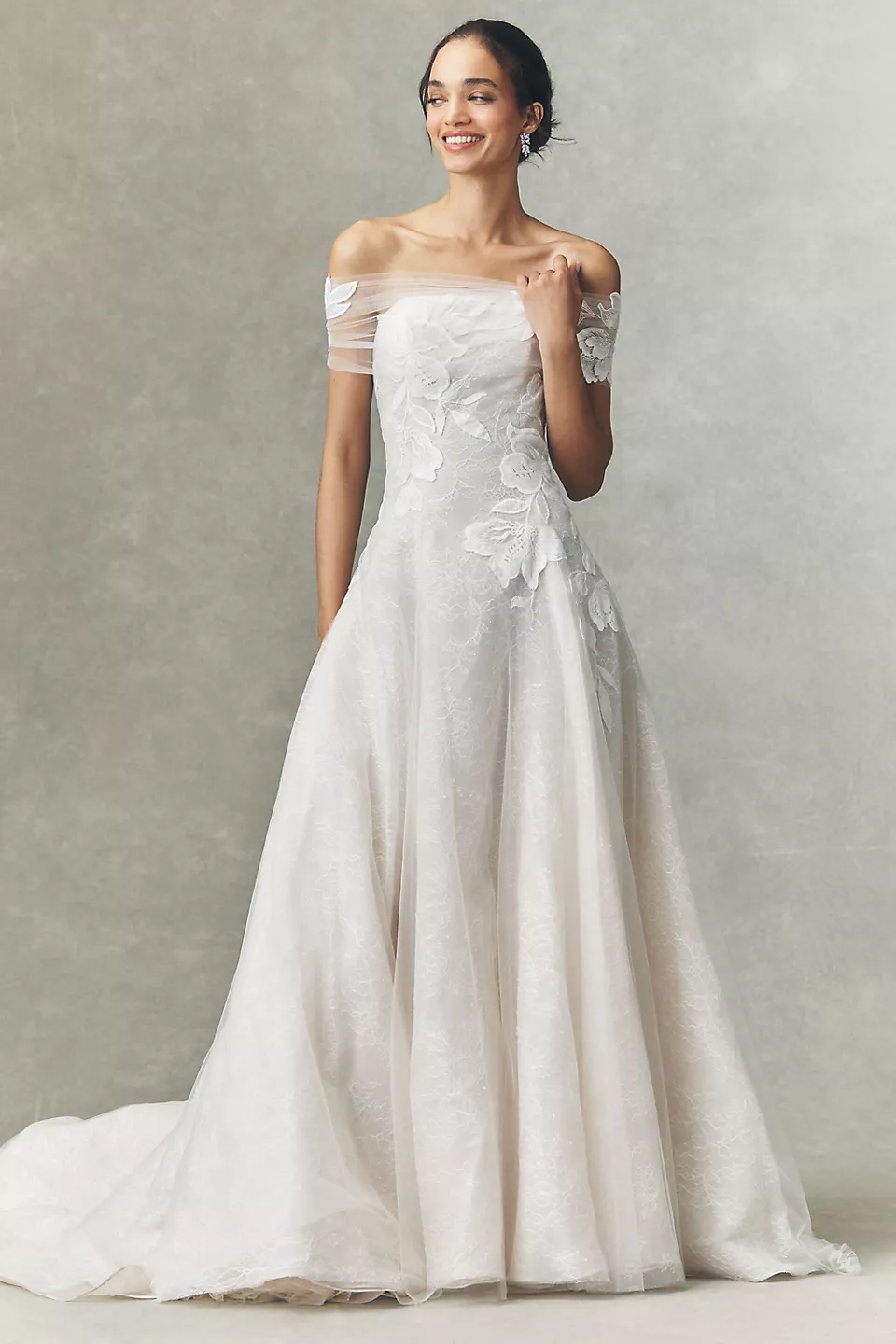Jenny Yoo Carmella off-shoulder lace A-line wedding gown