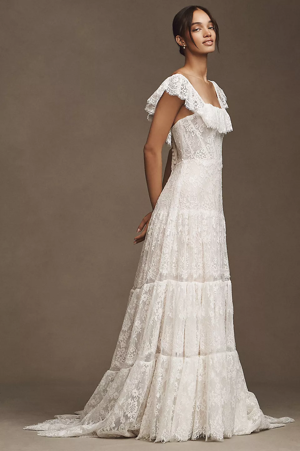 RISH Lauren square-neck tiered lace wedding gown