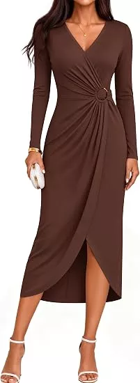 fall wedding guest dress in chocolate brown with long sleeves