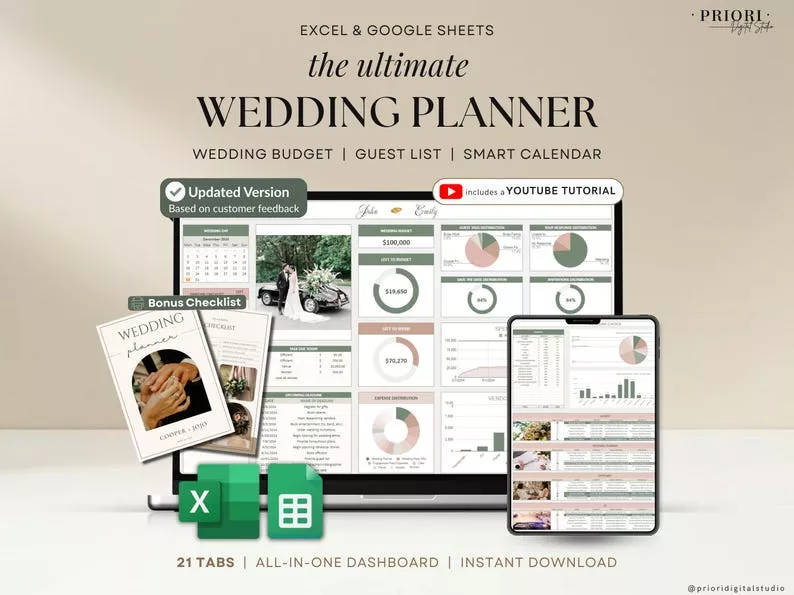 All-in-one wedding planning spreadsheet for budgets, guest lists, timelines, and vendor details