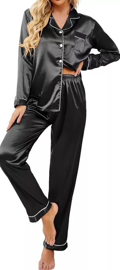 Black satin bridesmaid pajamas with long sleeves and full-length pants