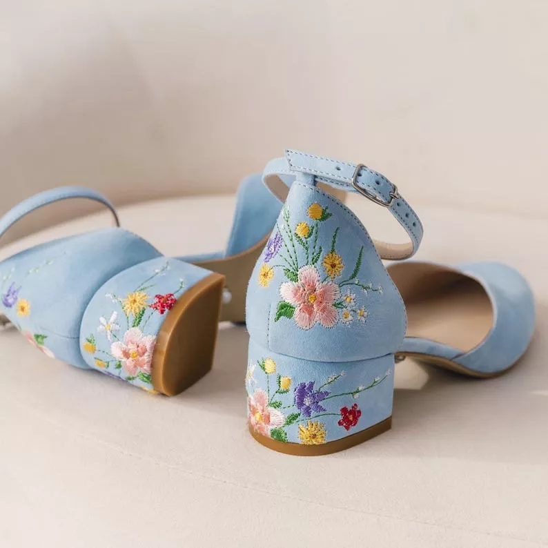 Colorful light blue embroidery etsy wedding heels for the bride