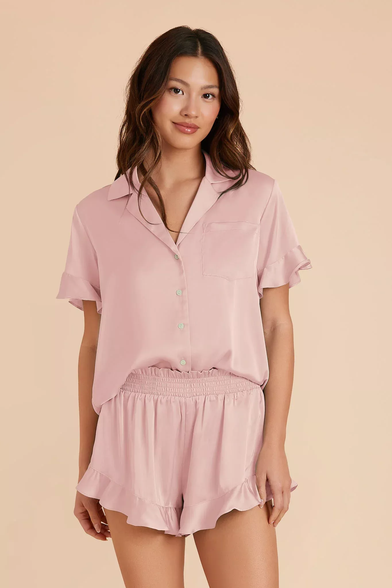 Blush pink satin bridesmaid pajamas with short sleeves and matching shorts