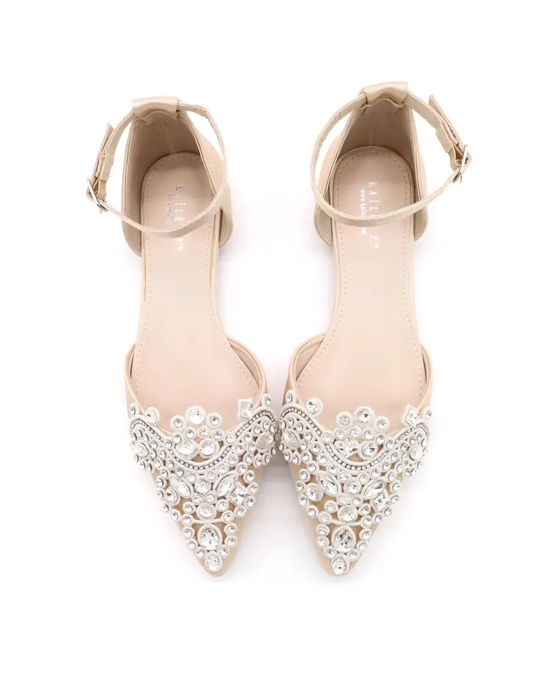 Champagne and satin rhinestone bridal flats with pointed toes