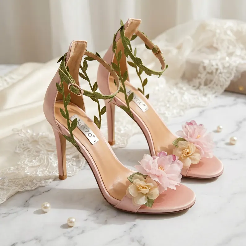 Elegant chiffon wedding heels with leaf ankle