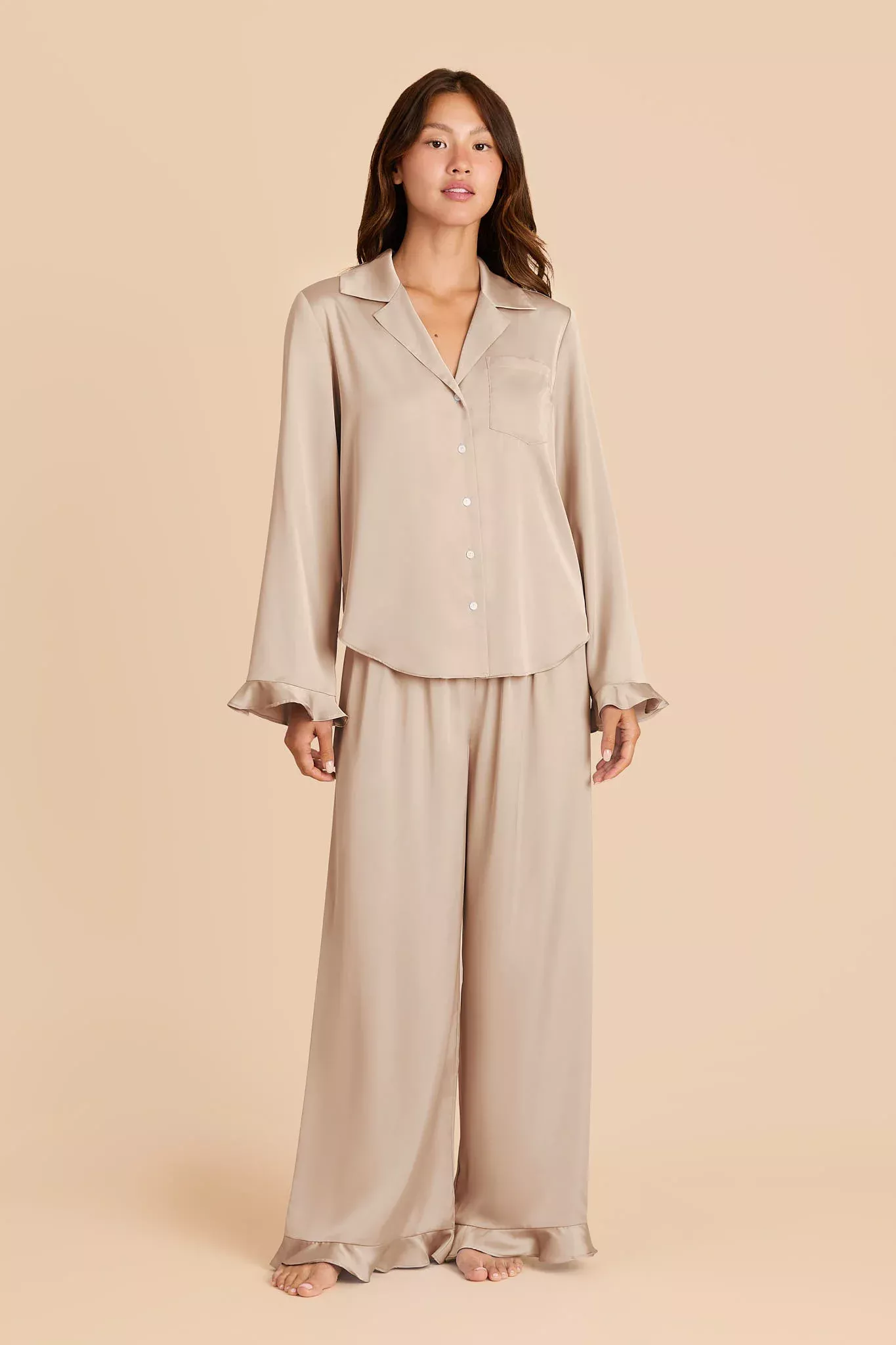 Classic satin long-sleeve bridesmaid pajamas with full-length pants in champagne