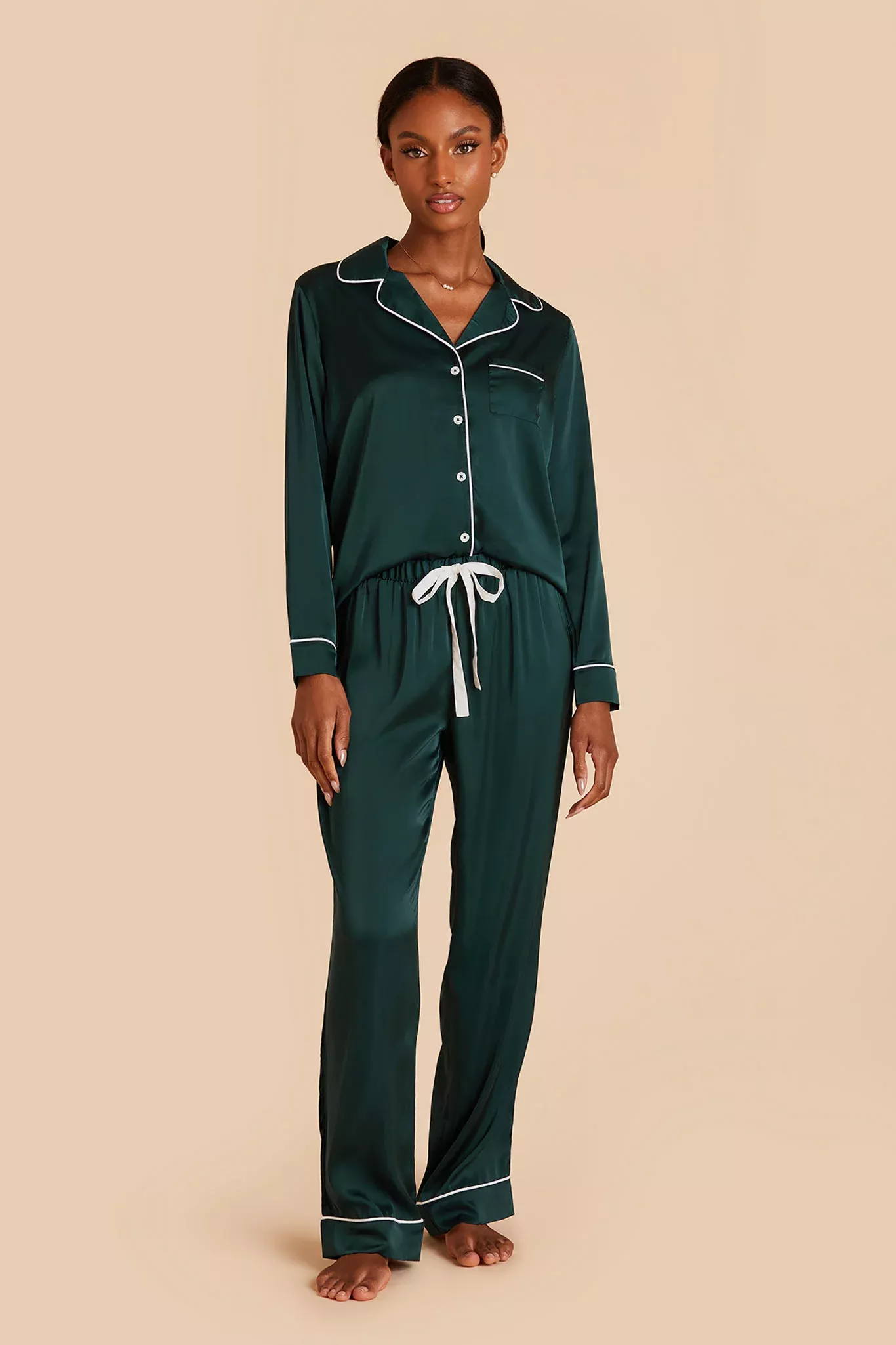 Classic satin bridesmaid pajamas in emerald