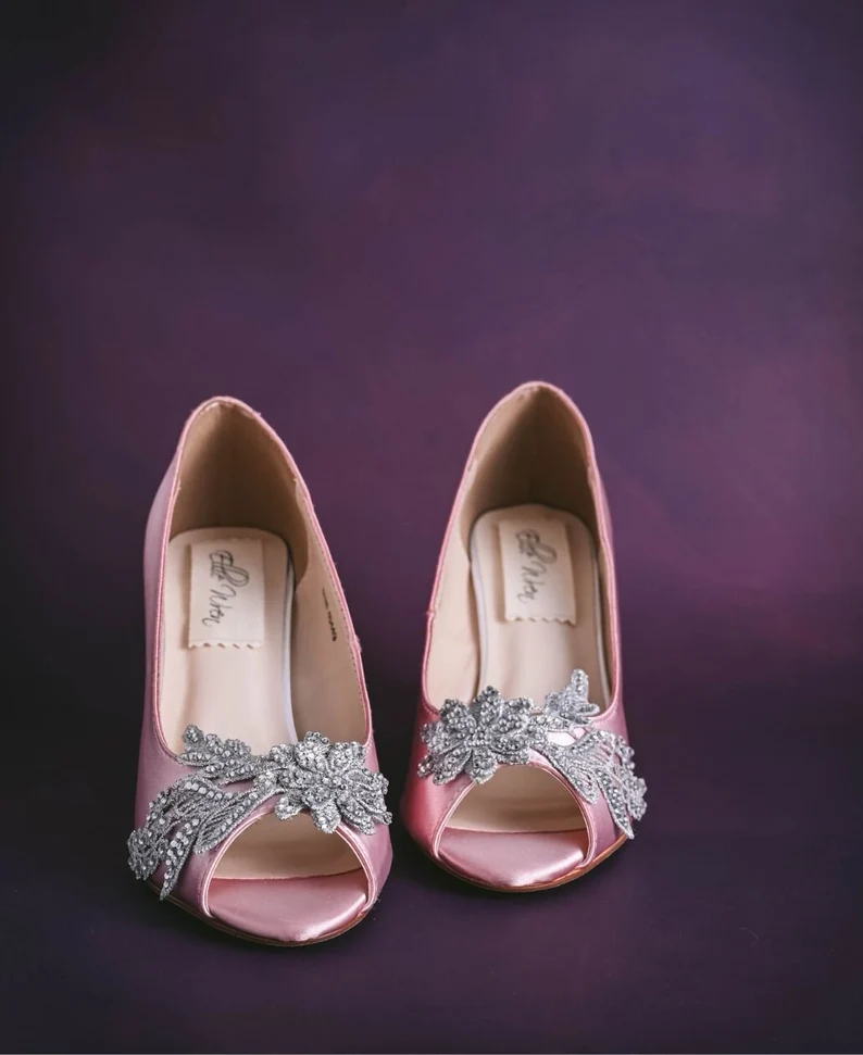 Pink crystal wedge wedding heels on Etsy