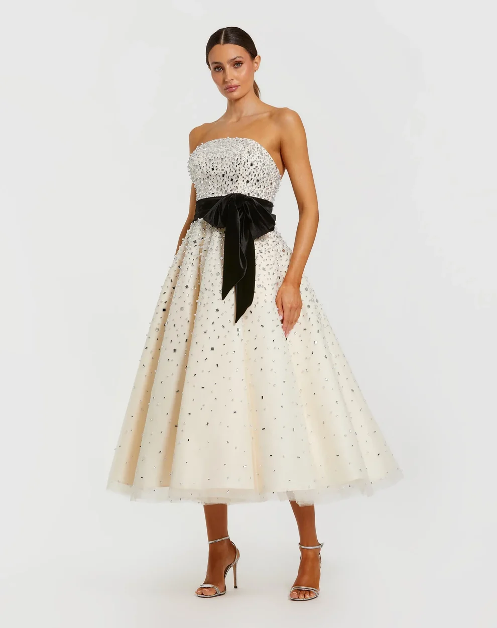 strapless cream winter bridal shower dress with velvet bow