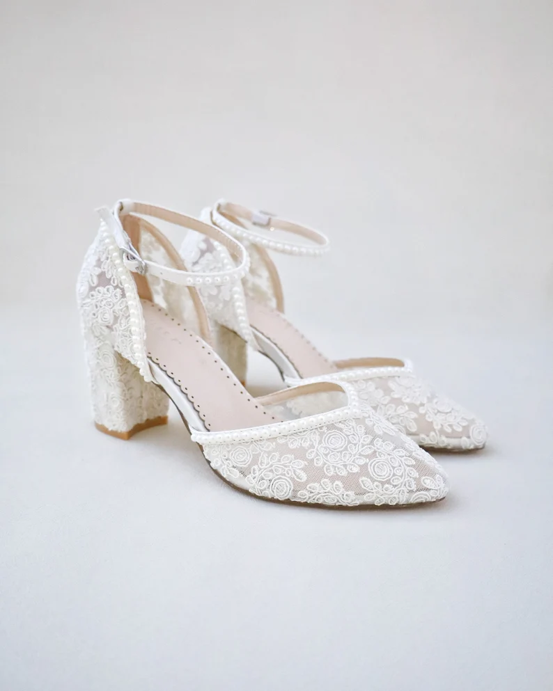 Crochet lace bridal block heels with almond toe