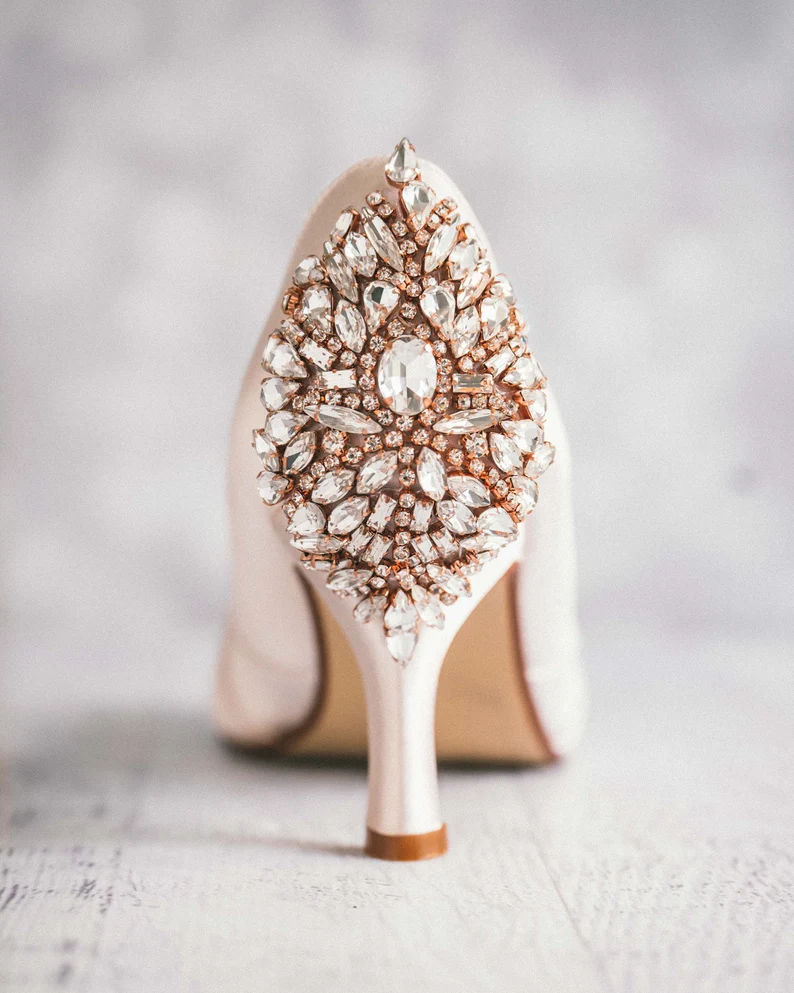 Blush wedding heels with crystals on the back