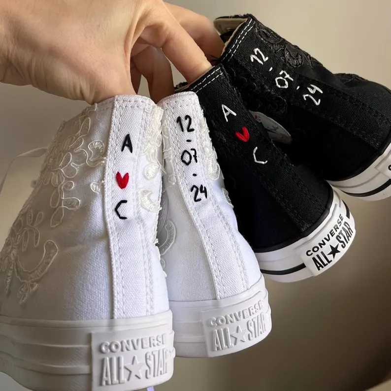 Custom wedding high-top sneakers for the bride and groom