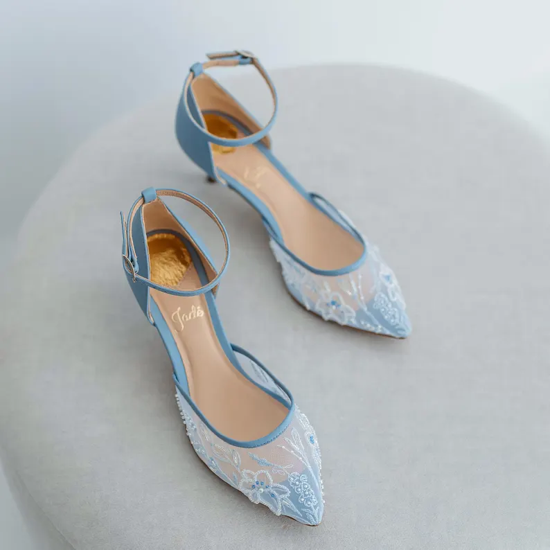 Blue bridal heels with delicate hand-embroidery with beads and sequins