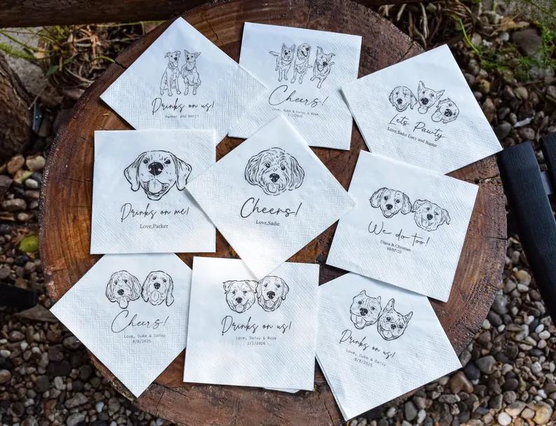 personalized engagement party cocktail napkins featuring pet faces