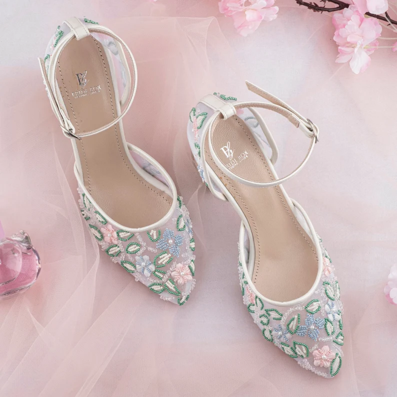 Handmade floral embellished mesh wedding pumps