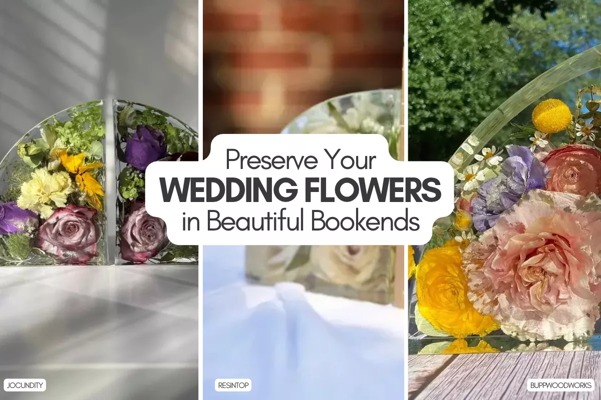 Wedding flowers preserved in clear resin bookends
