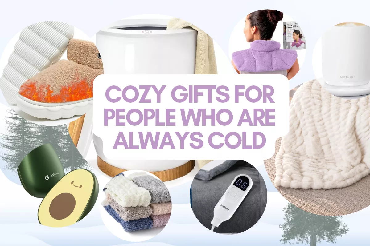 Cozy gifts for people who are always cold, including warm blankets, fuzzy socks, and hand warmers