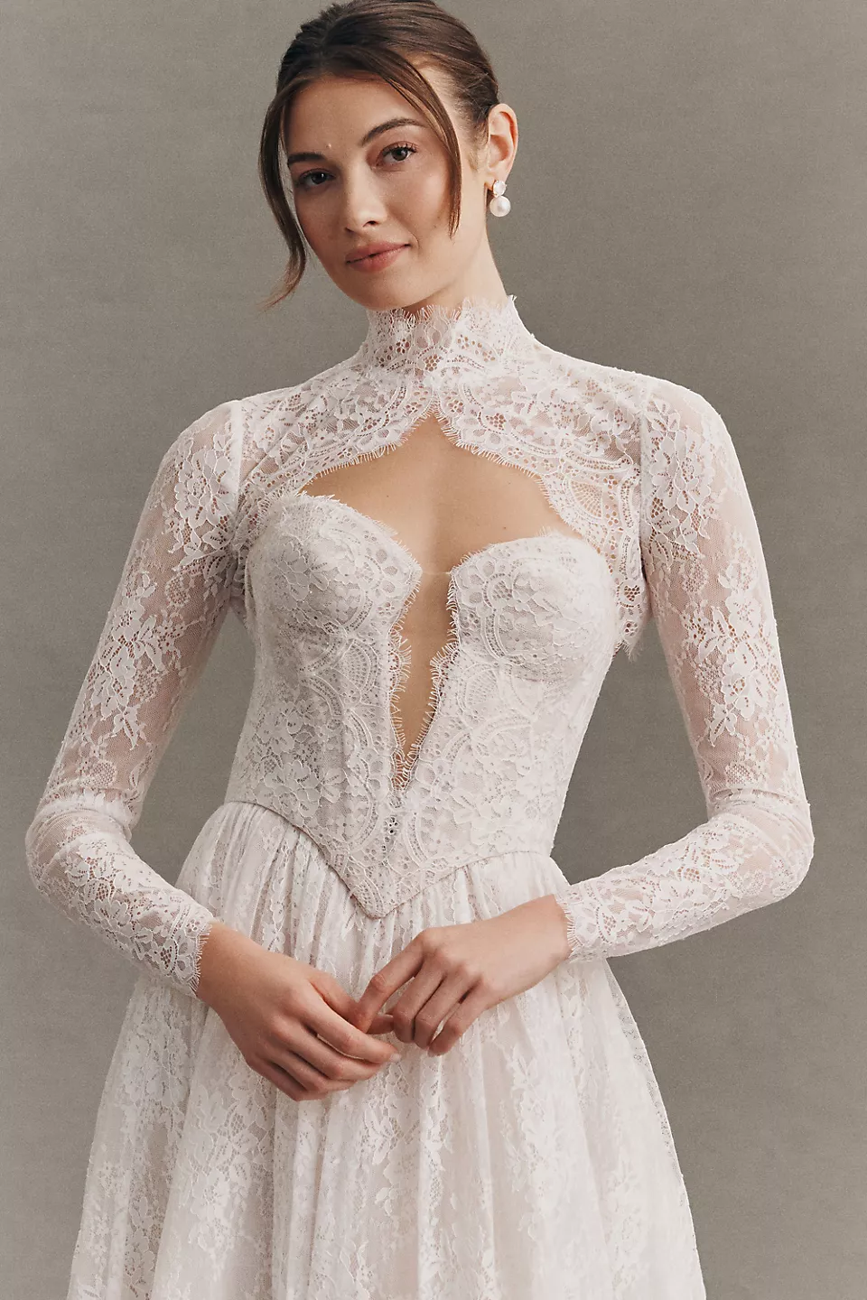High-neck lace wedding dress topper with an open back