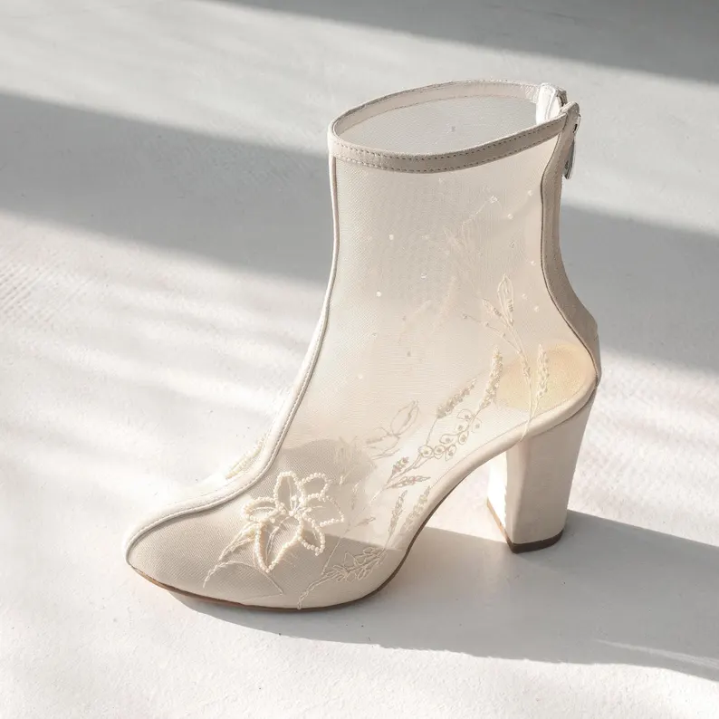 Ivory mesh floral design wedding booties for the bride