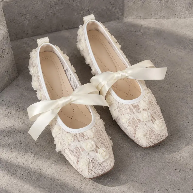 Satin and ivory lace bridal ballet flats