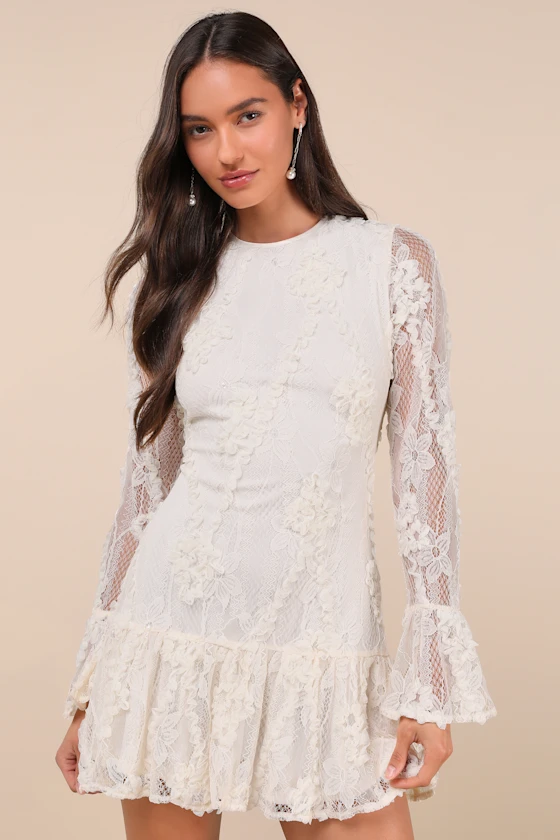 ivory long sleeve lace mini dress for winter bridal shower