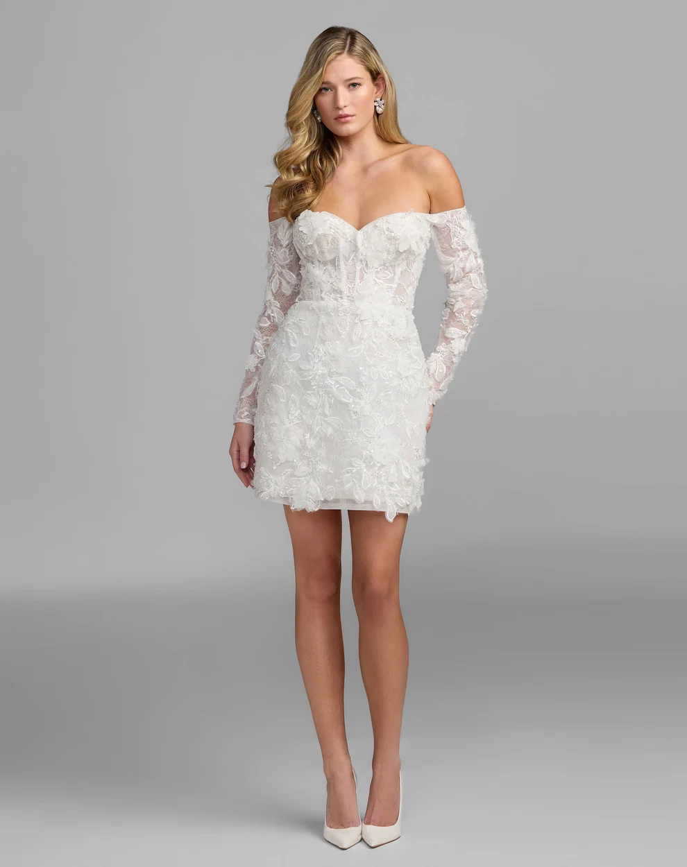 floral lace mini dress with off-the-shoulder neckline