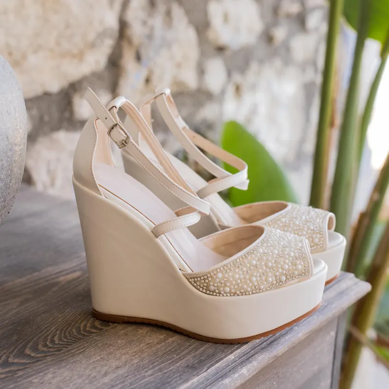 Ivory pearl bridal wedges