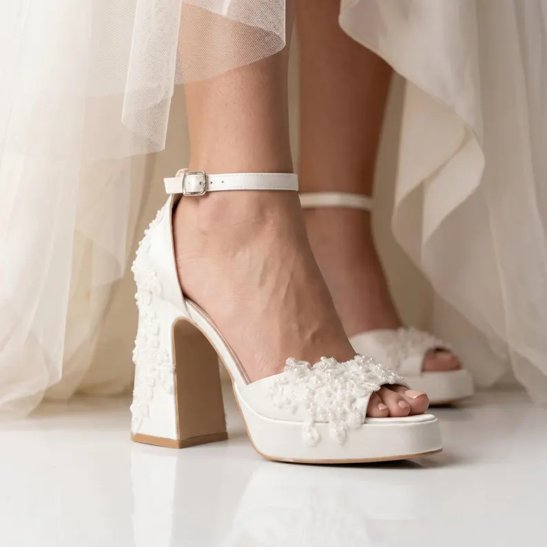 Ivory lace and pearl platform wedding shoes