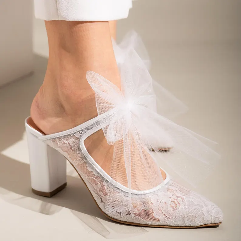 Lace wedding mules with bow