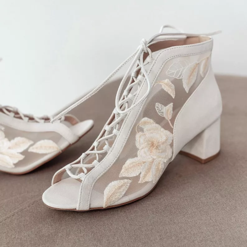 Lace floral bridal booties with low heel