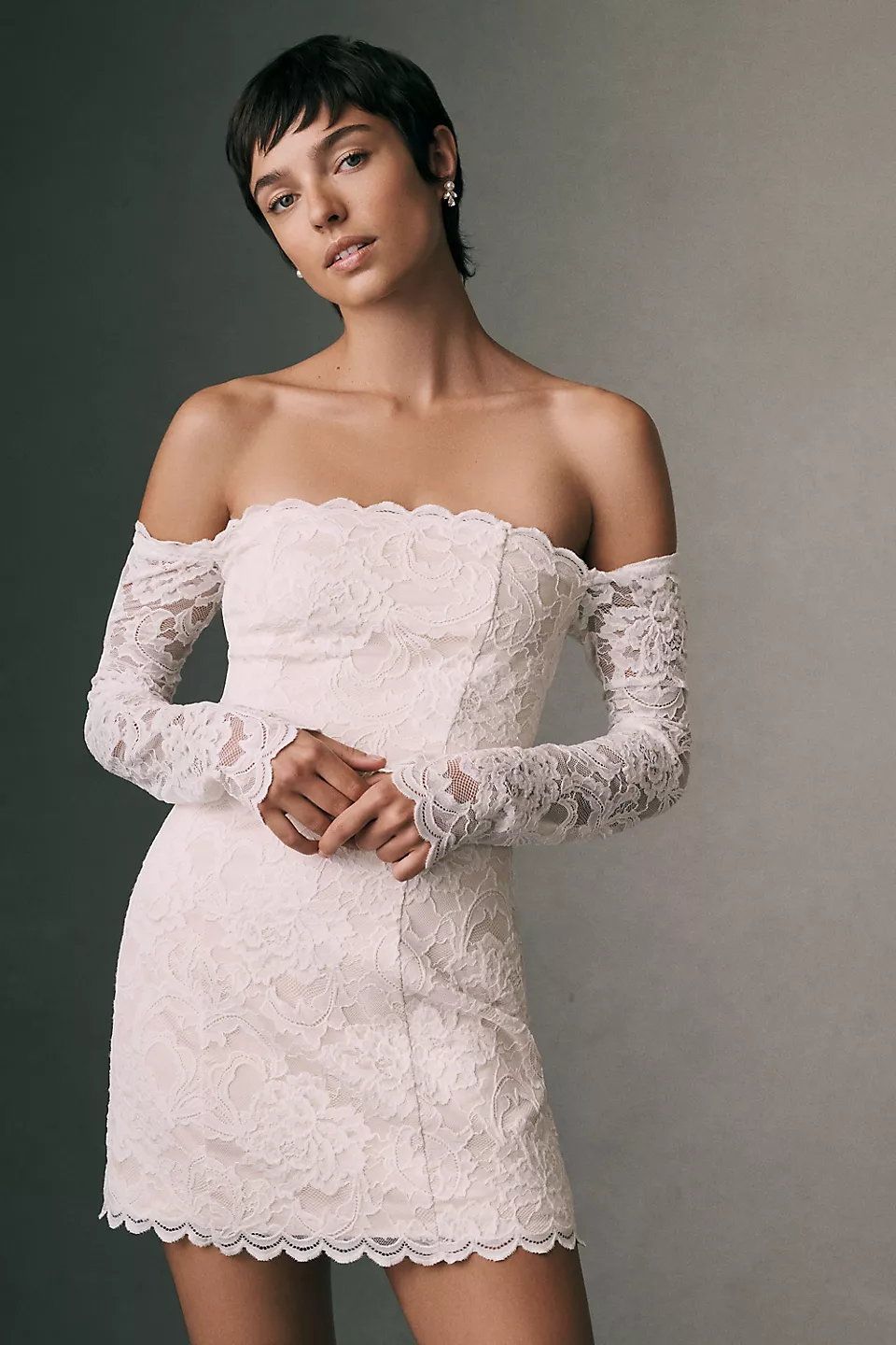 Lace off-the-shoulder short wedding reception dress for the bride