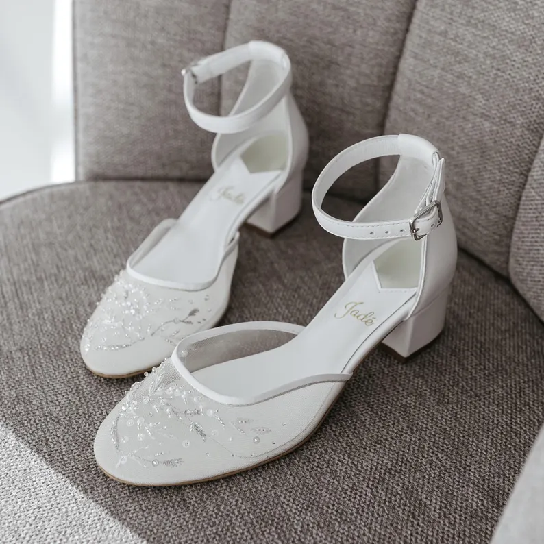 White low block bridal heels with ankle strap