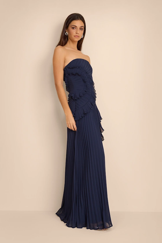 Navy blue pleated strapless Lulus maxi wedding guest dress