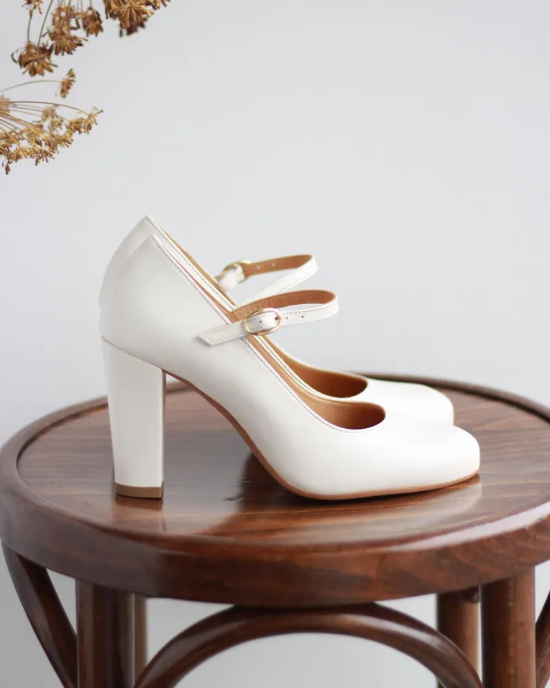 White mary jane wedding pumps with platform block heel