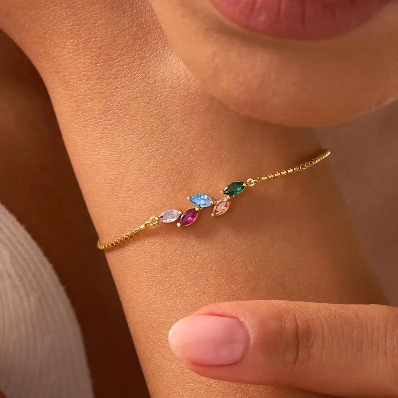 Custom multi-birthstone leaf bracelet for bridesmaids