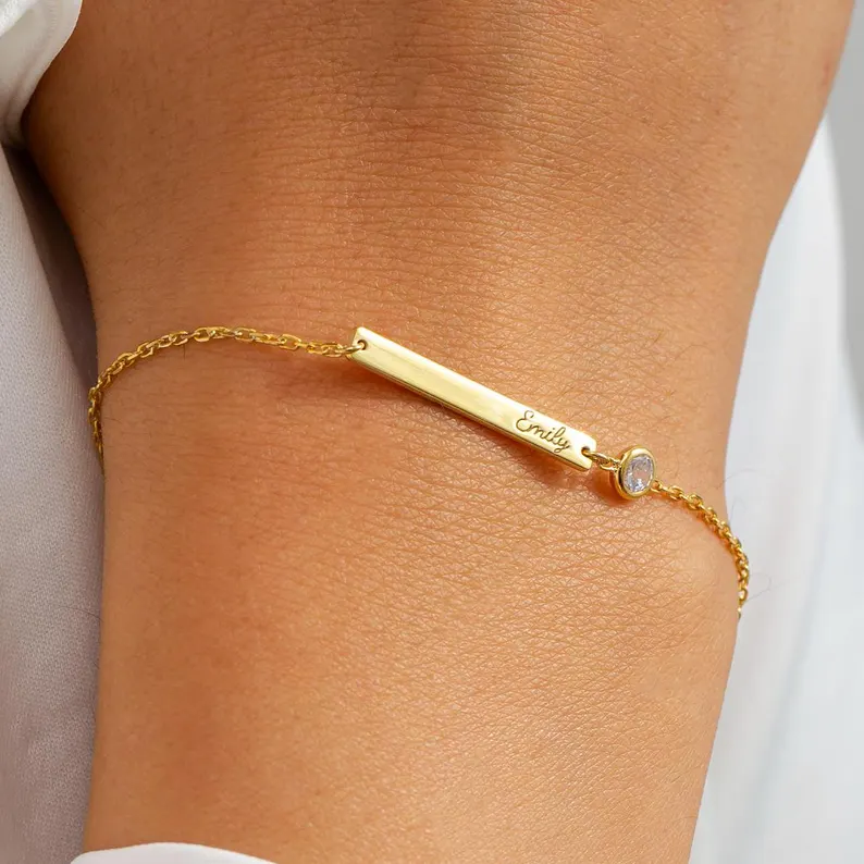 Personalized engraved bar and birthstone bracelet for bridesmaids