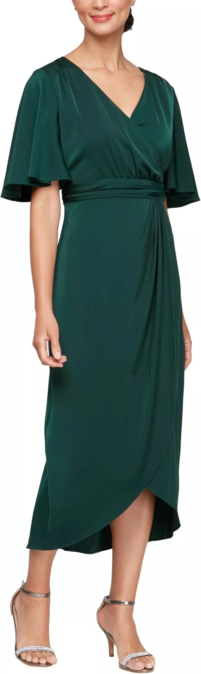 petite dark green midi wedding guest dress