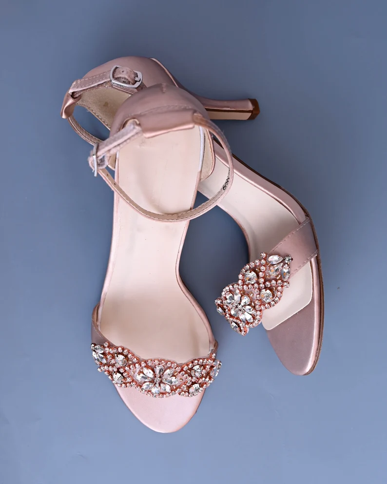 Rose gold elegant rhinestone bridal heeled sandals